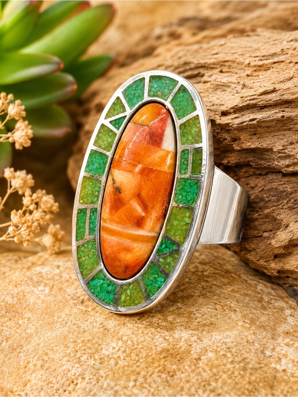 Carolyn Pollack Relios Sterling Silver Orange Spiny Oyster Green Turquoise Ring